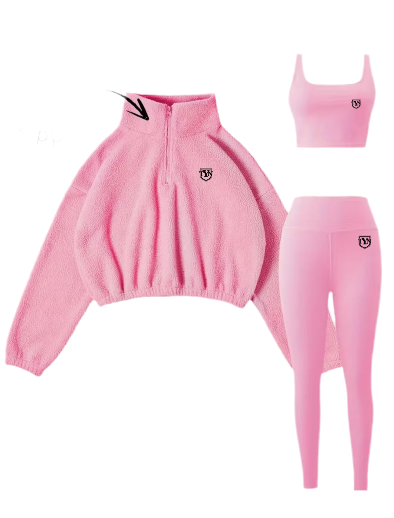 TYN Women’s 3-Piece Fleece Active Set – Cropped Zip Pullover, Sports Bra & Leggings
