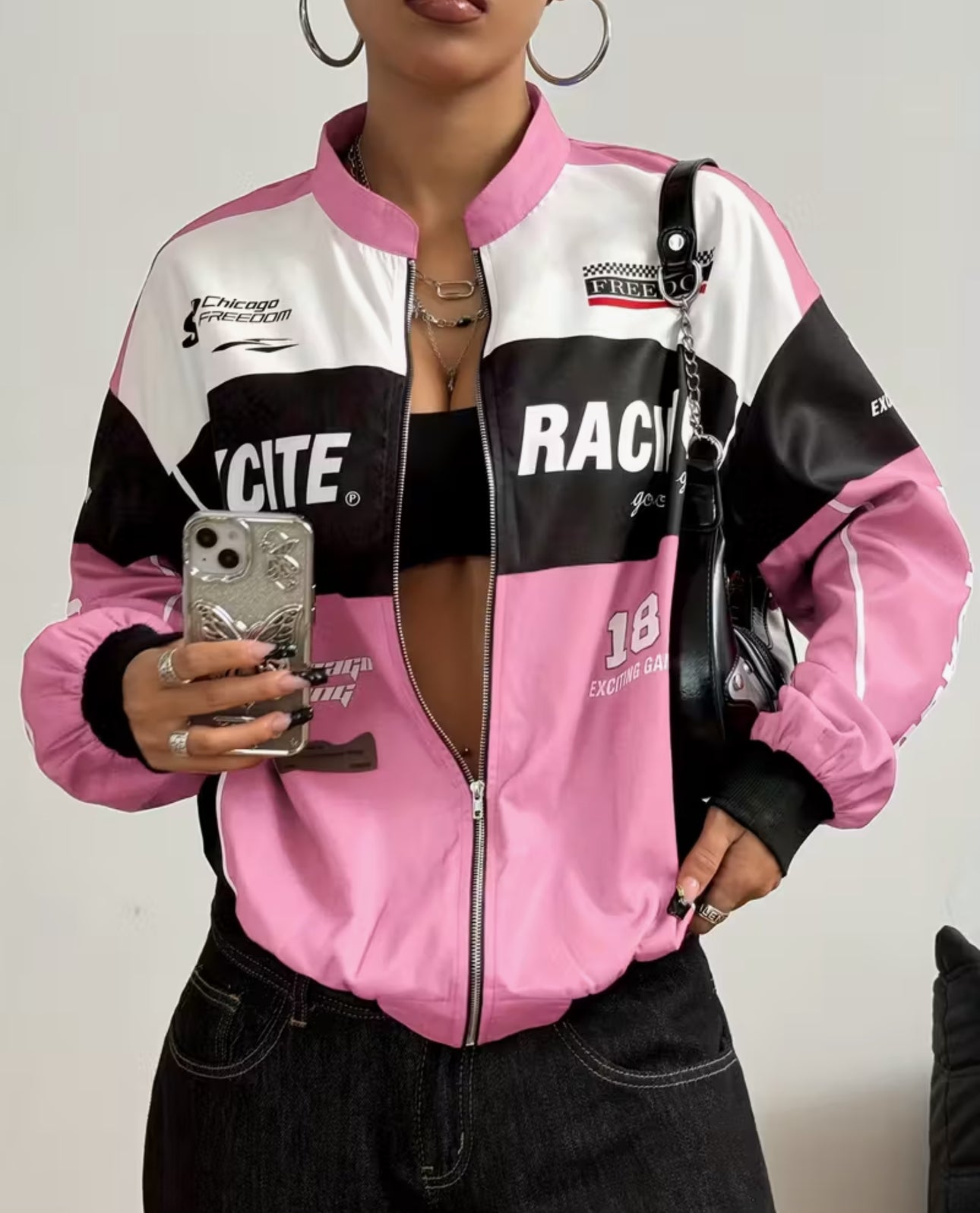 Women’s Retro Zip Bomber – Letter Print