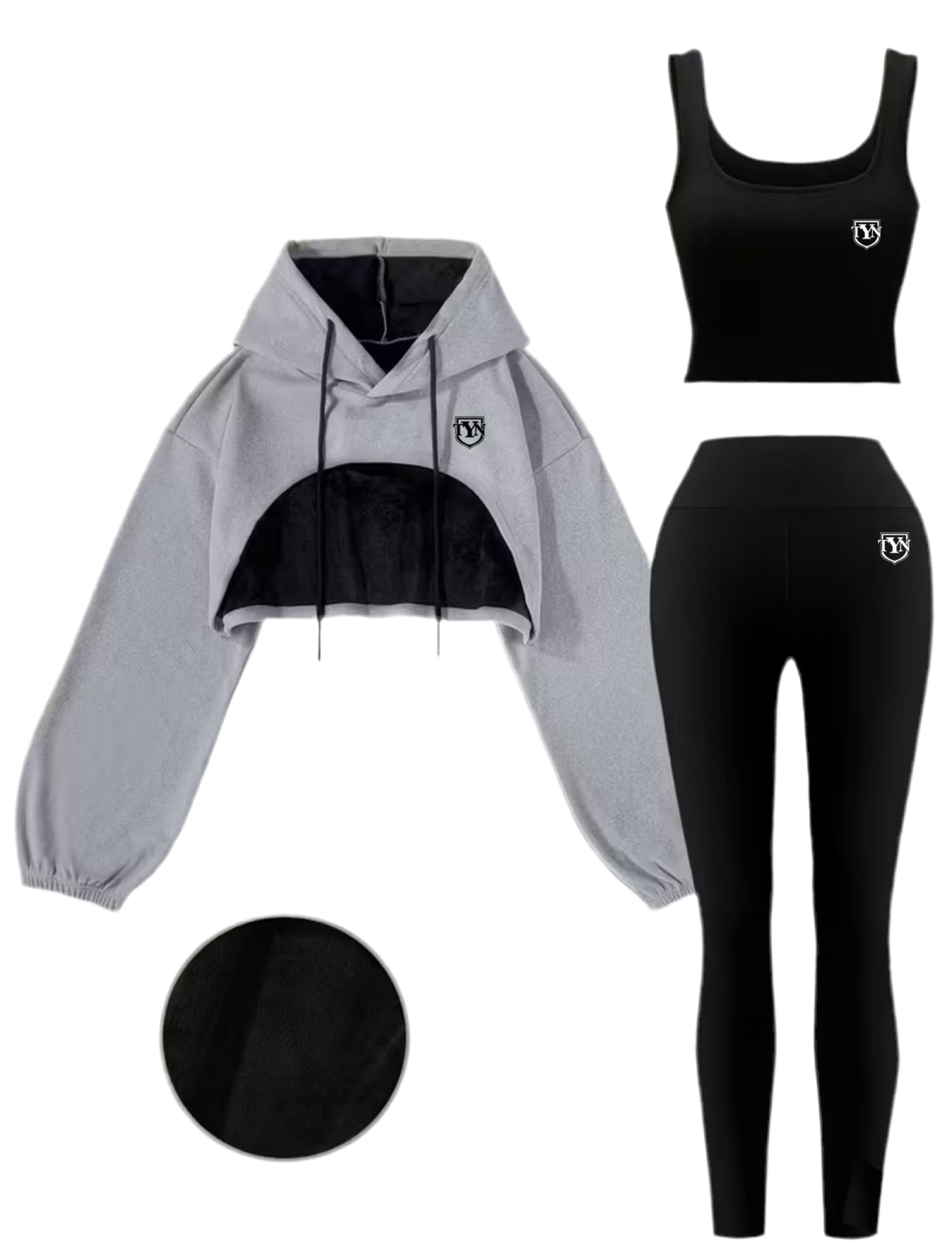 TYN Women’s 3-Piece Cropped Hoodie Active Set – Hoodie, Tank & Leggings