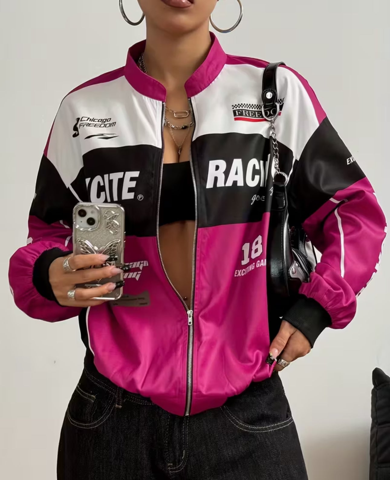Women’s Retro Zip Bomber – Letter Print