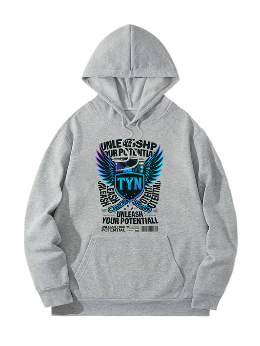 TYN “Skybound” Grey Hoodie – Blue & Purple Winged Crest Graphic