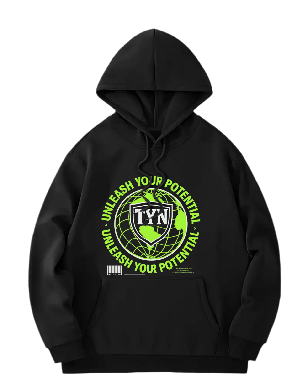 TYN “Global Vision” Black Hoodie – Neon Green World Graphic
