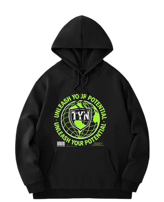 TYN “Global Vision” Black Hoodie – Neon Green World Graphic