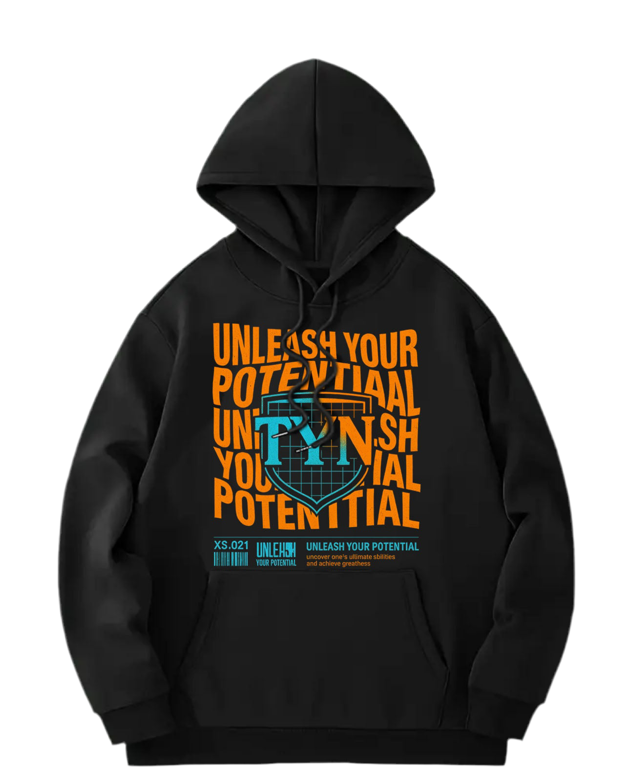 TYN “Unleash Your Potential” Black Hoodie – Neon Orange & Blue Graphic