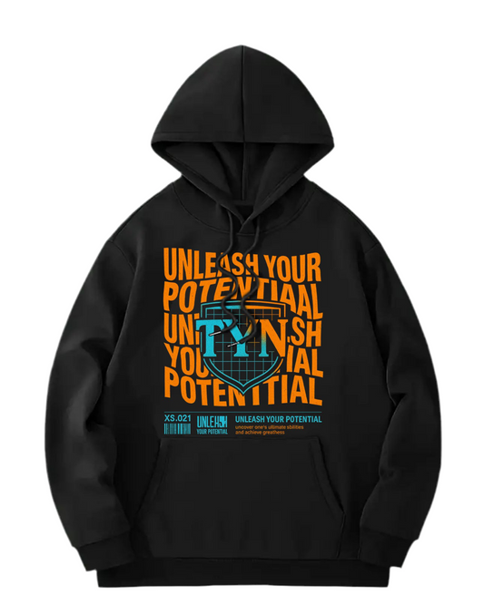 TYN “Unleash Your Potential” Black Hoodie – Neon Orange & Blue Graphic