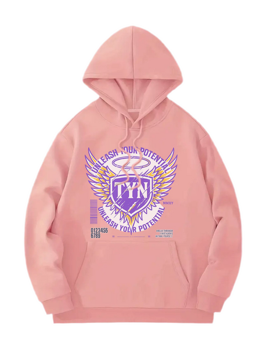 TYN “Halo Wings” Pink Hoodie – Purple & Gold Crest Graphic