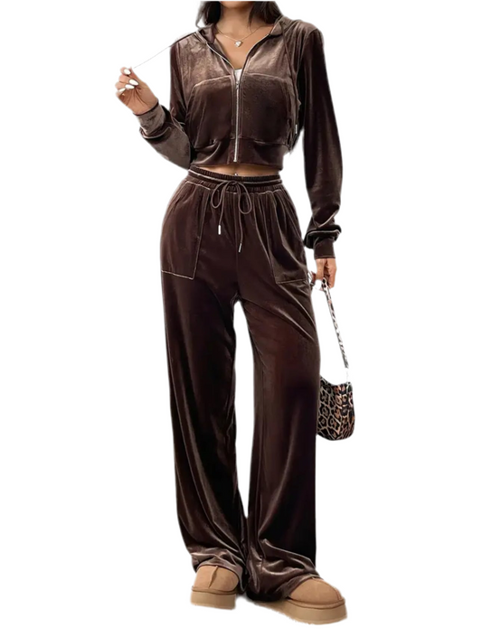 Women’s Earth Tone Velour Zip-Up Co-ord Set
