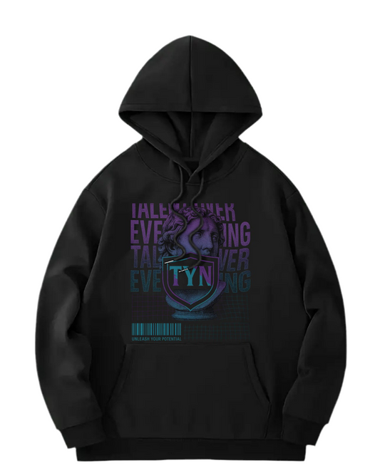 TYN “Visionary” Black Hoodie – Purple & Teal Statue Graphic