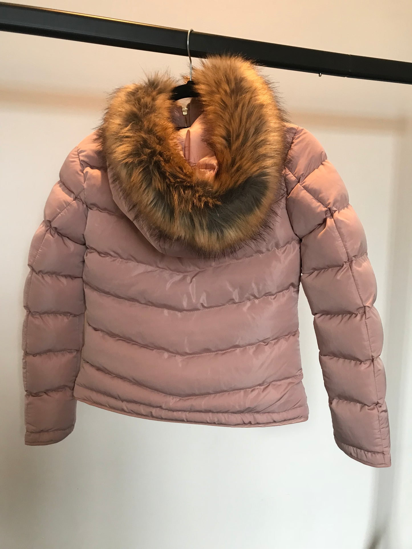 TYN Luxe Pink Puffer with Faux Fur & Gold Embroidery