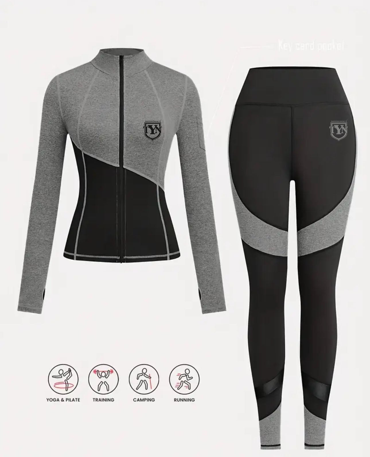 TYN Women’s Active Set – Color Block Zip Jacket & Pocket Leggings