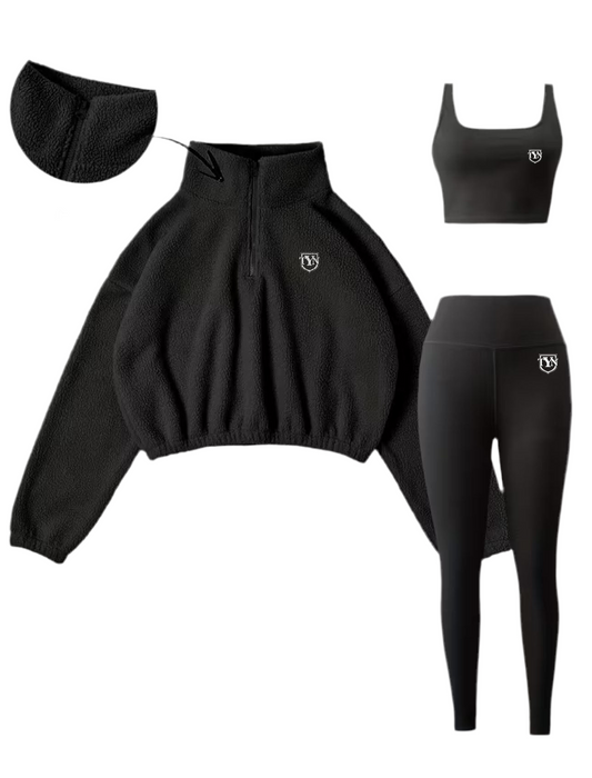 TYN Women’s 3-Piece Fleece Active Set – Cropped Zip Pullover, Sports Bra & Leggings