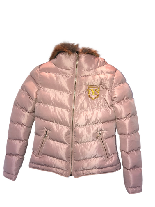 TYN Luxe Pink Puffer with Faux Fur & Gold Embroidery