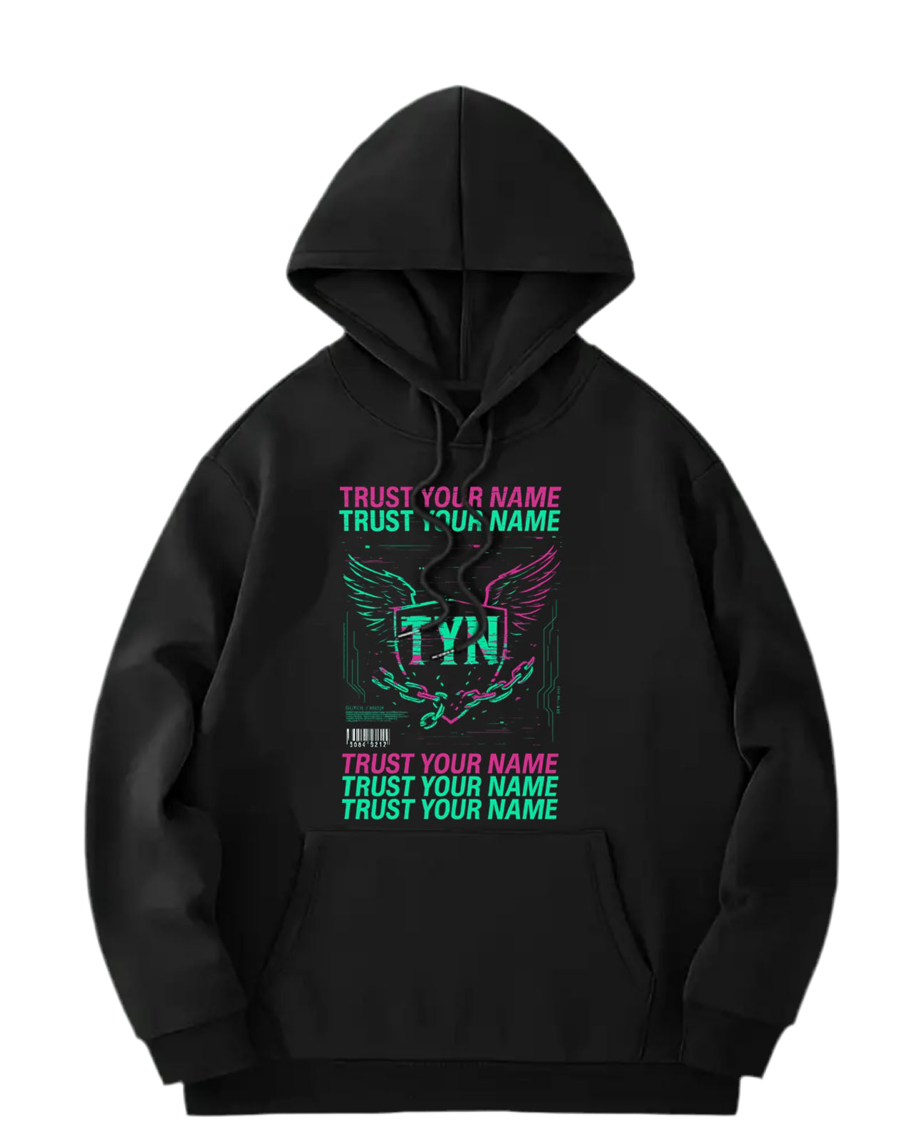 TYN “Trust Your Name” Black Hoodie – Neon Pink & Green Winged Graphic