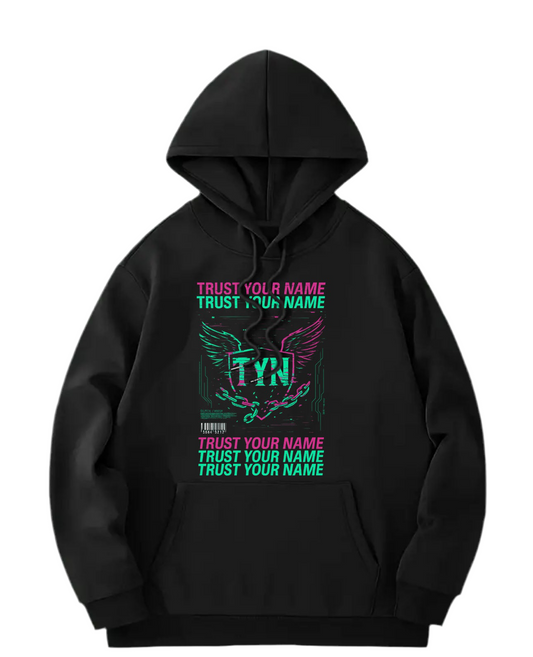 TYN “Trust Your Name” Black Hoodie – Neon Pink & Green Winged Graphic