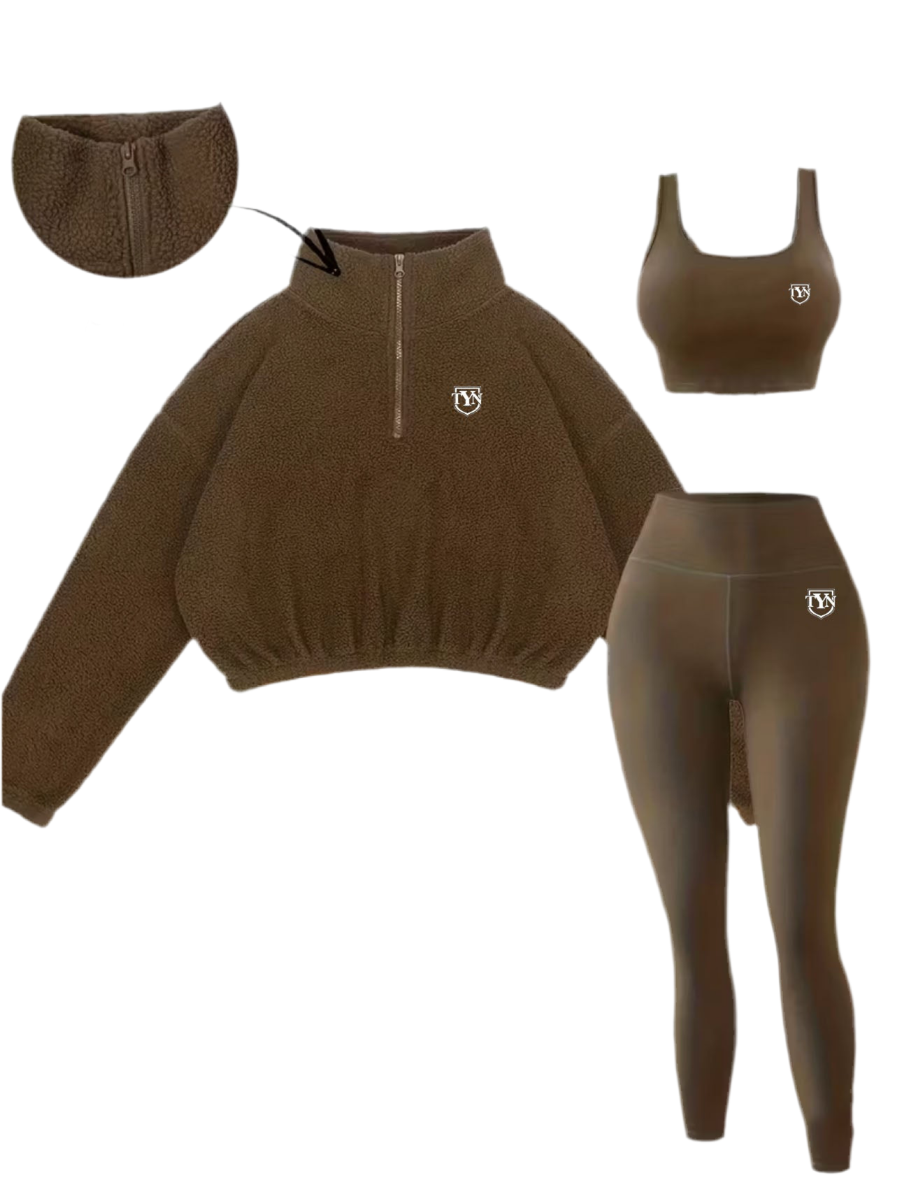 TYN Women’s 3-Piece Fleece Active Set – Cropped Zip Pullover, Sports Bra & Leggings