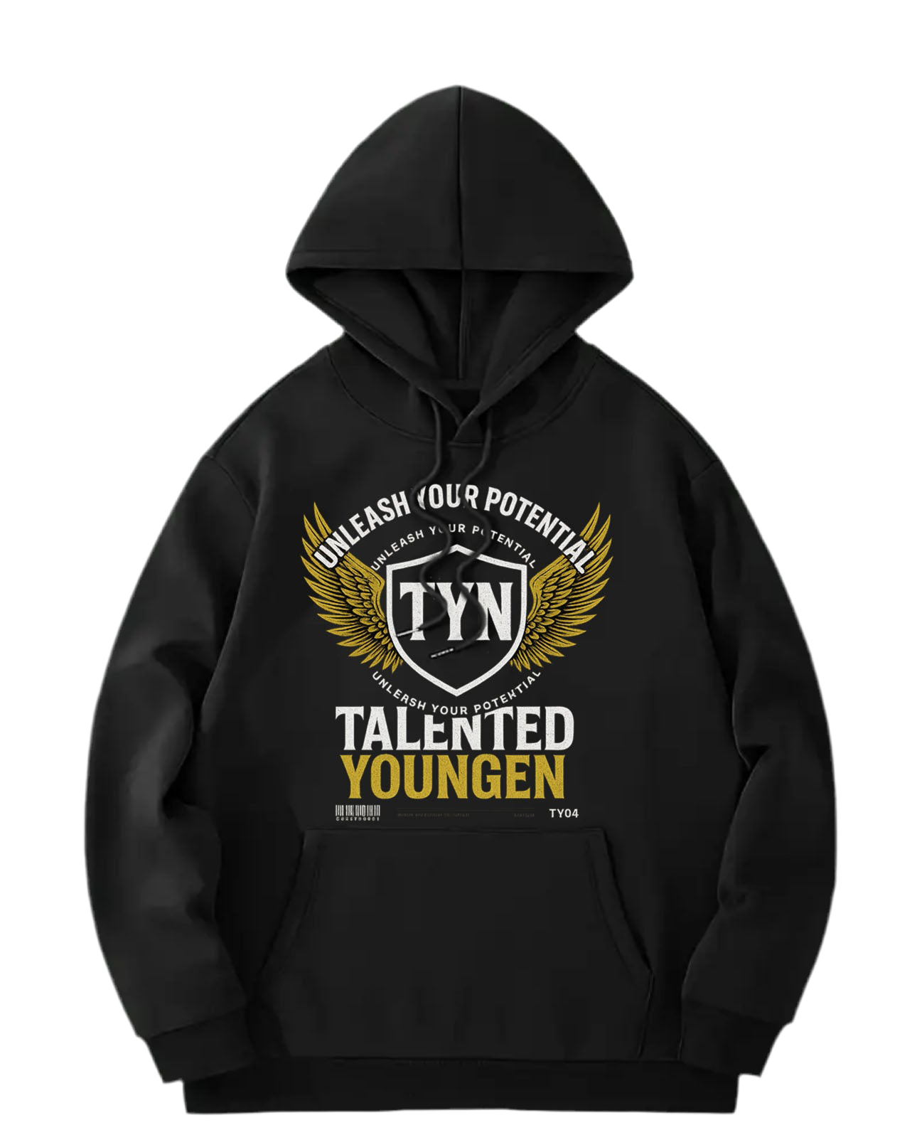 TYN “Golden Wings” Black Hoodie – White & Gold Crest Graphic
