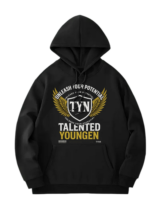 TYN “Golden Wings” Black Hoodie – White & Gold Crest Graphic