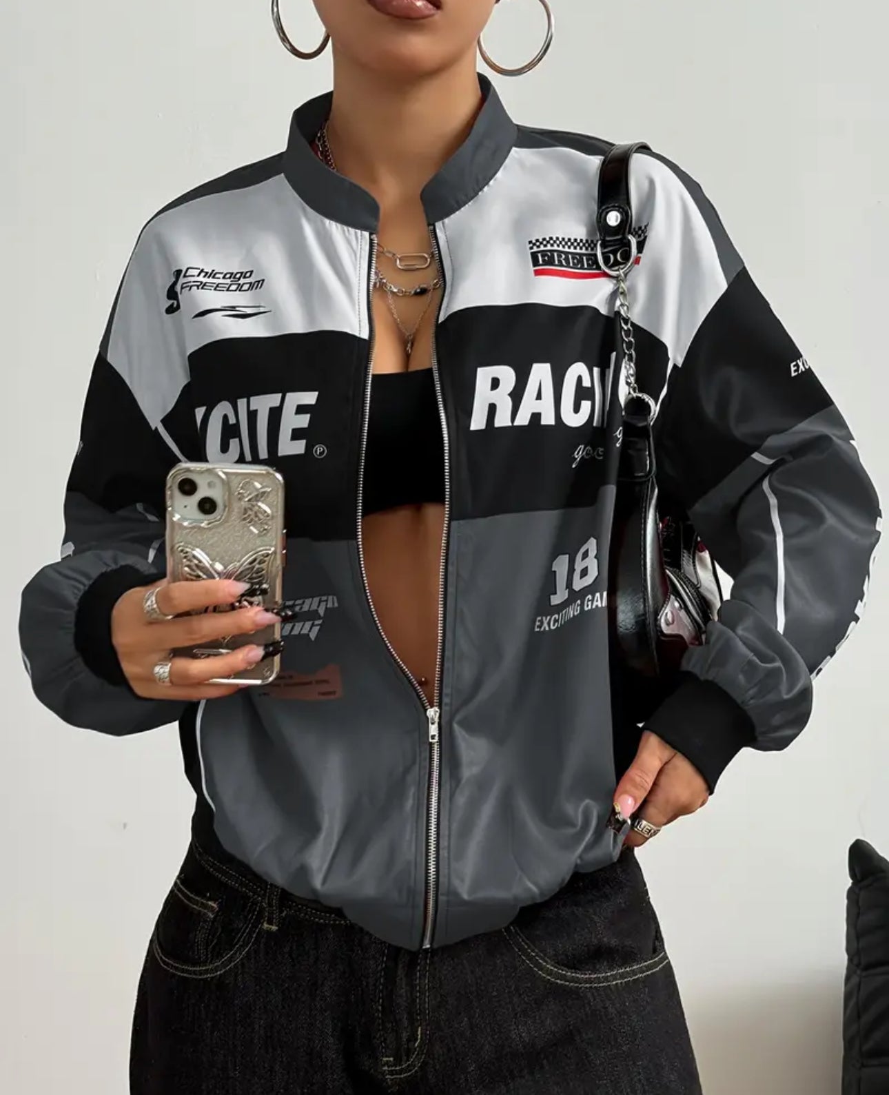 Women’s Retro Zip Bomber – Letter Print