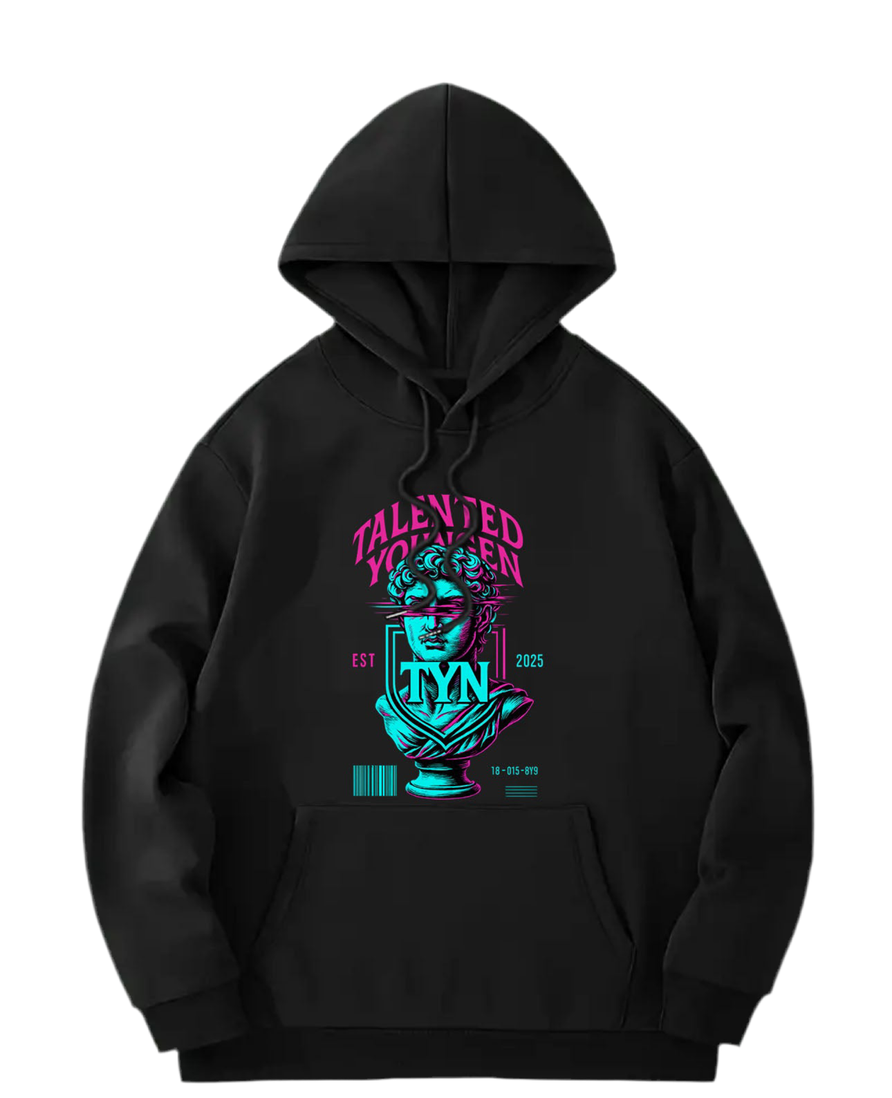 TYN “Neo Classic” Black Hoodie – Cyan & Magenta Statue Graphic