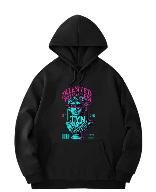 TYN “Neo Classic” Black Hoodie – Cyan & Magenta Statue Graphic