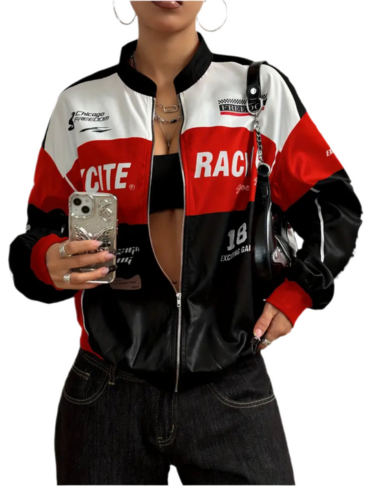 Women’s Retro Zip Bomber – Letter Print
