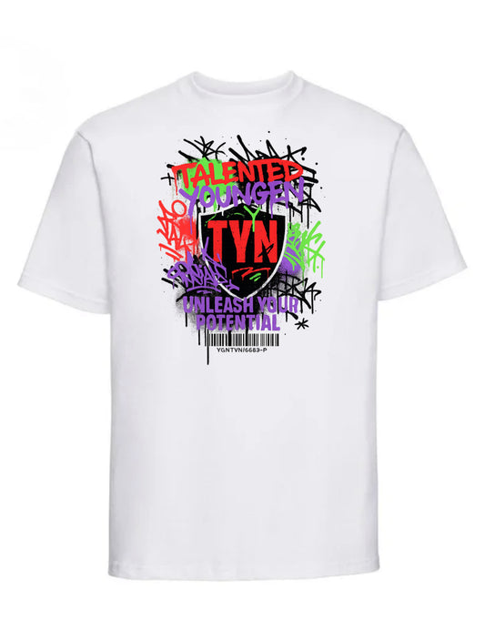 TYN “Graffiti Burst” White T-Shirt – Multicolor Street Tag Graphic