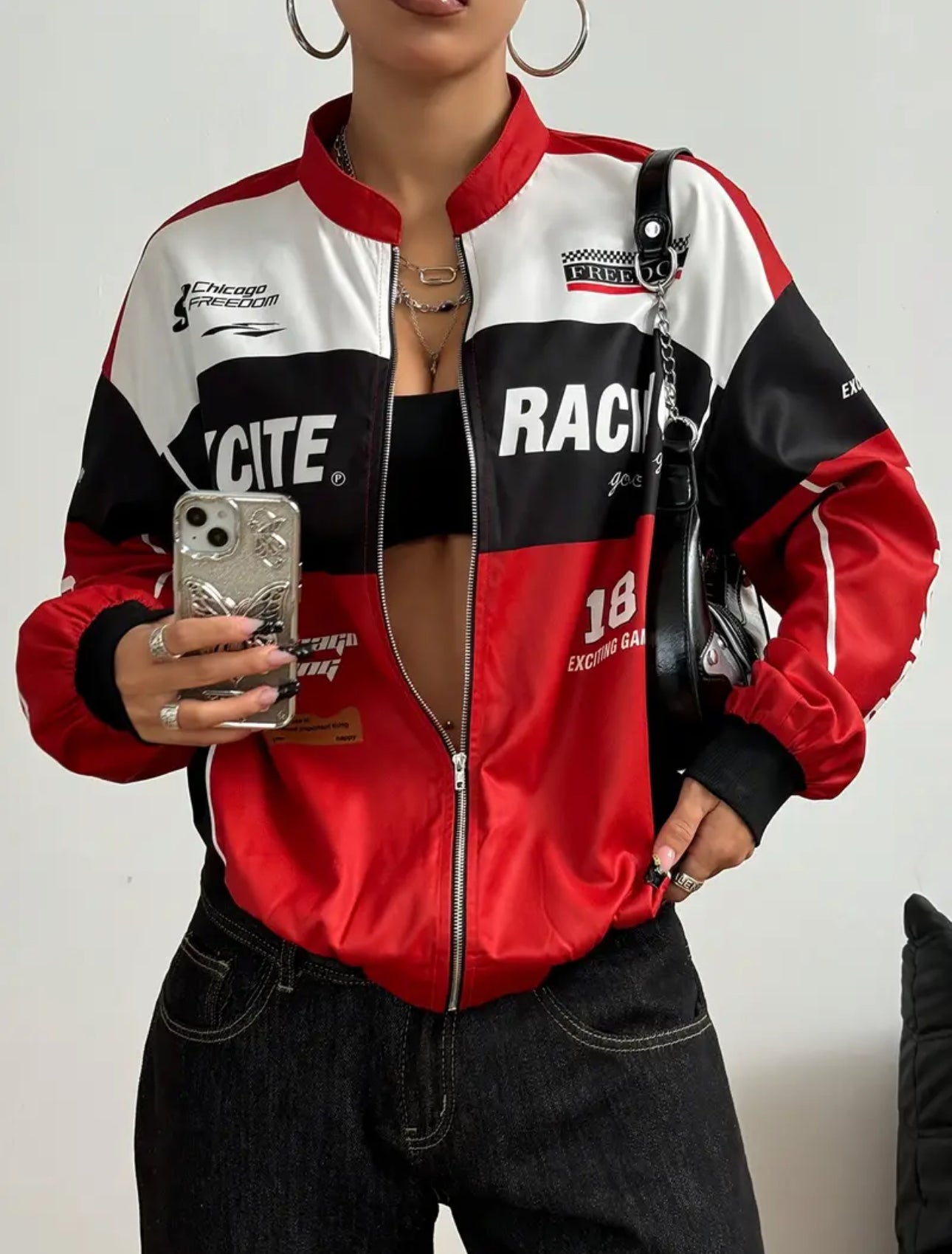 Women’s Retro Zip Bomber – Letter Print