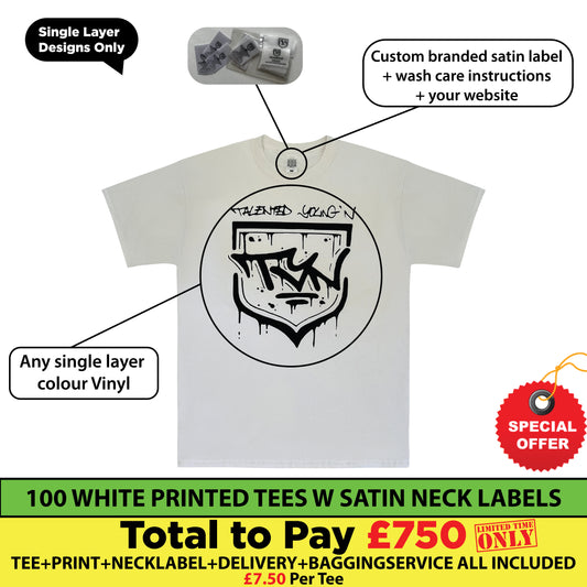 100 Custom White Tees With Custom Satin Label + Single Color Print £7.50/pc