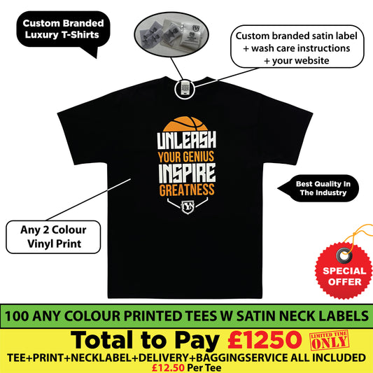 100 Luxury Any Colored T Shirts With Custom Satin Label + Two Color Print £12.50/pc